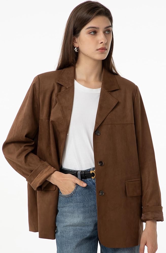 Chaqueta Elegante Oversize Gamuza Cafe Camel Mujer