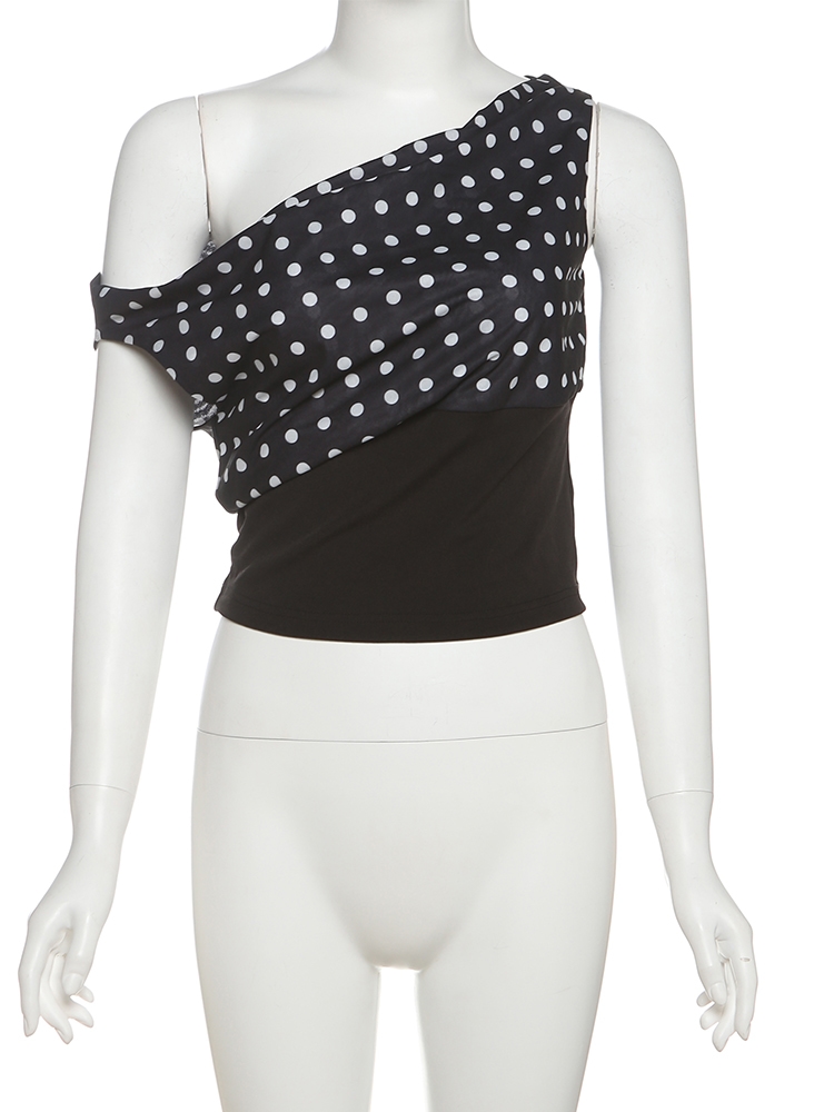 Top Asimetrico con Puntos Blancos para Mujer Top Polka Dots Negro Casual 003 17 | 2kinspire