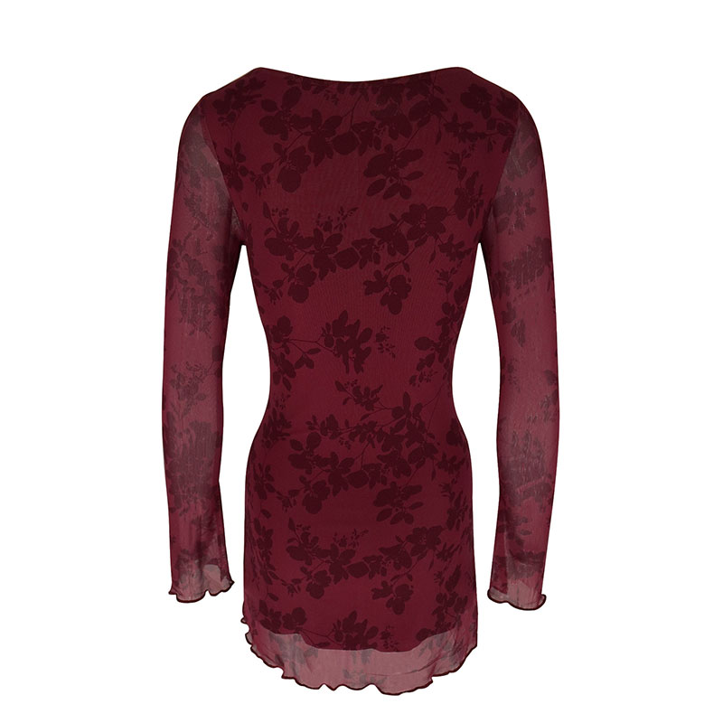 Vestido Mini Burdeo de Manga Larga para Mujer Estampado Floral y Corte Entallado 001 13 | 2kinspire